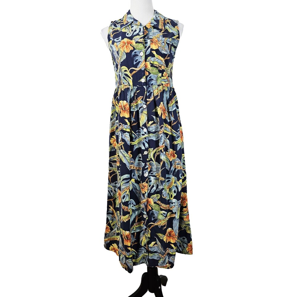 Vintage San Francisco Blues Small Lizard Floral Print Summer Maxi Dress